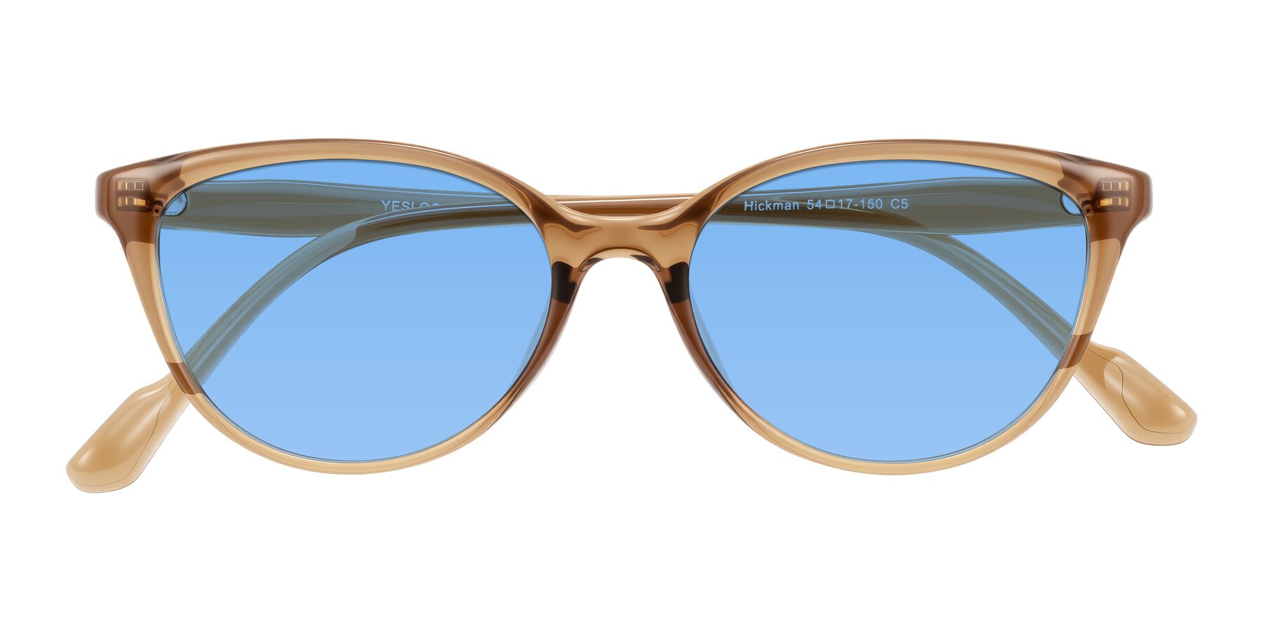 Folded Front of Hickman in Brown with Medium Blue Tinted Lenses