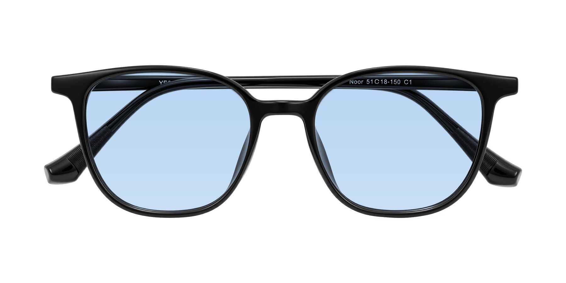 Folded Front of Noor in Black with Light Blue Tinted Lenses