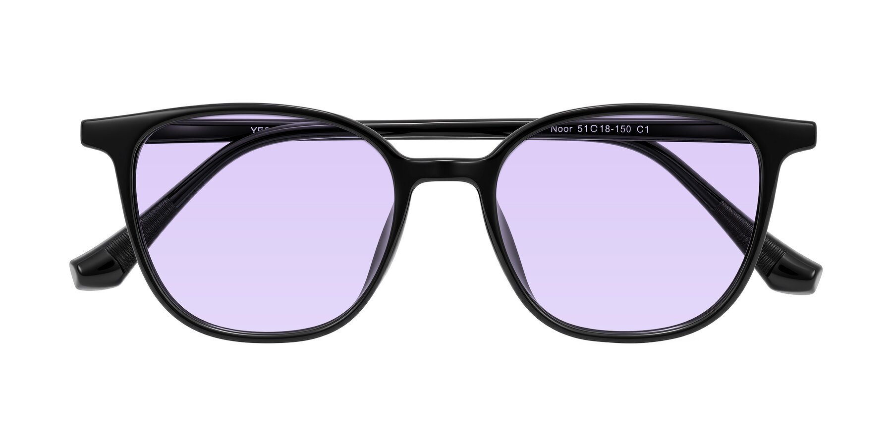 Folded Front of Noor in Black with Light Purple Tinted Lenses