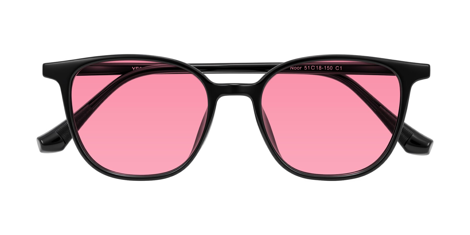 Folded Front of Noor in Black with Pink Tinted Lenses