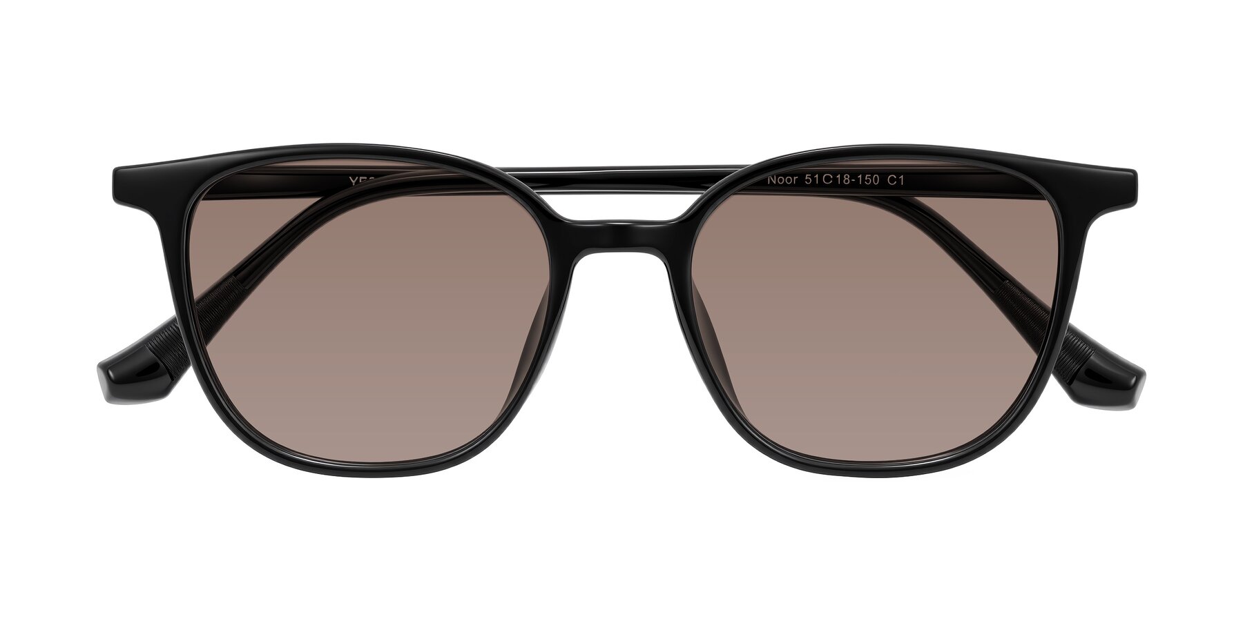 Folded Front of Noor in Black with Medium Brown Tinted Lenses