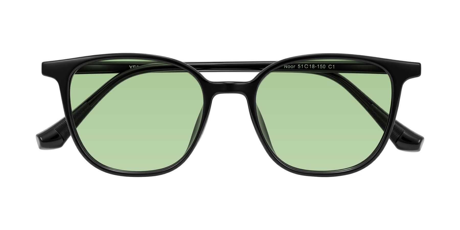 Folded Front of Noor in Black with Medium Green Tinted Lenses