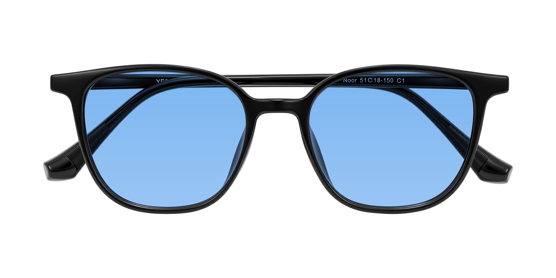 Folded Front of Noor in Black with Medium Blue Tinted Lenses