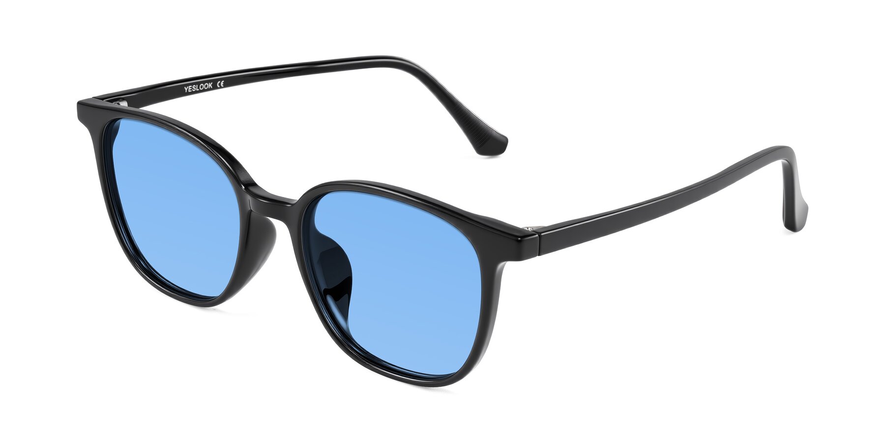 Angle of Noor in Black with Medium Blue Tinted Lenses