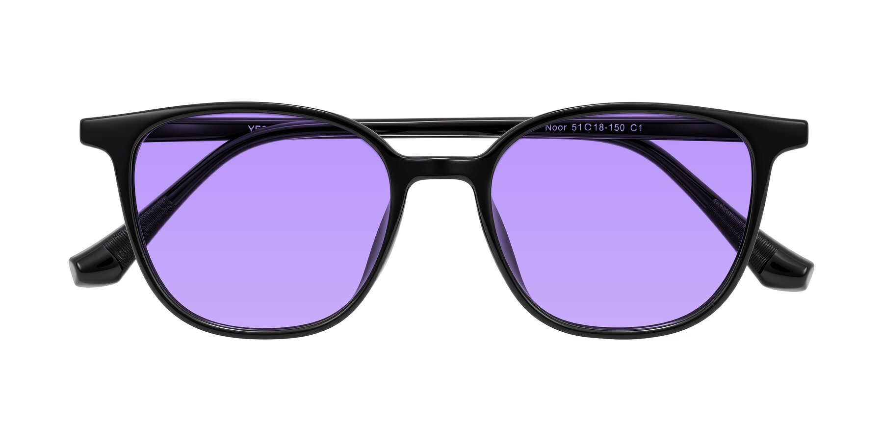 Folded Front of Noor in Black with Medium Purple Tinted Lenses