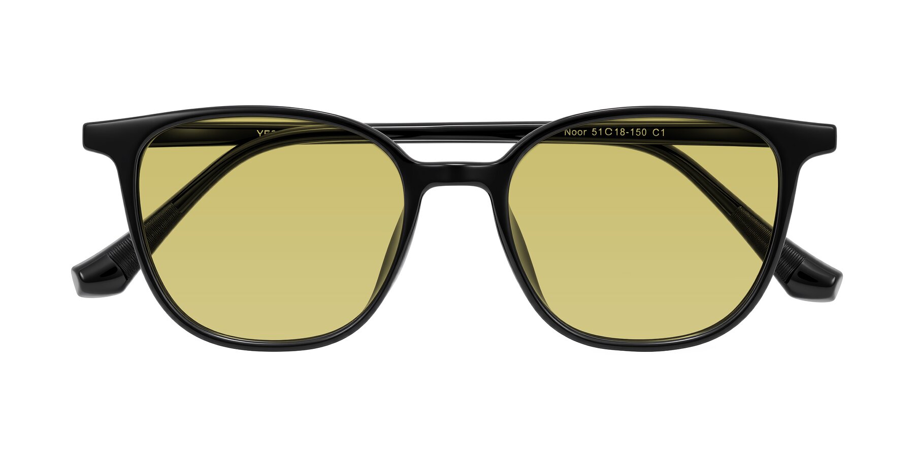 Folded Front of Noor in Black with Medium Champagne Tinted Lenses