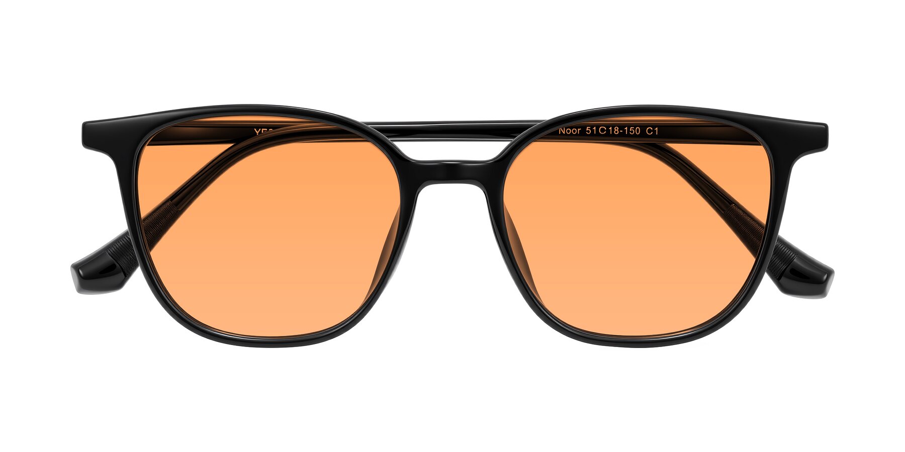 Folded Front of Noor in Black with Medium Orange Tinted Lenses