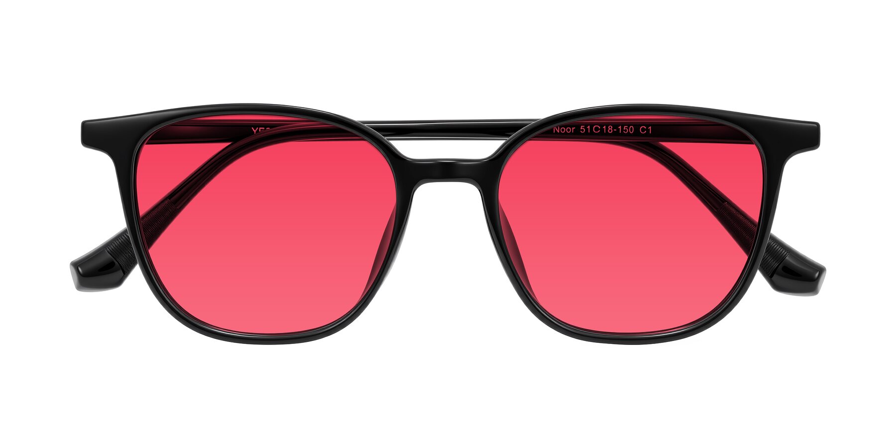 Folded Front of Noor in Black with Red Tinted Lenses