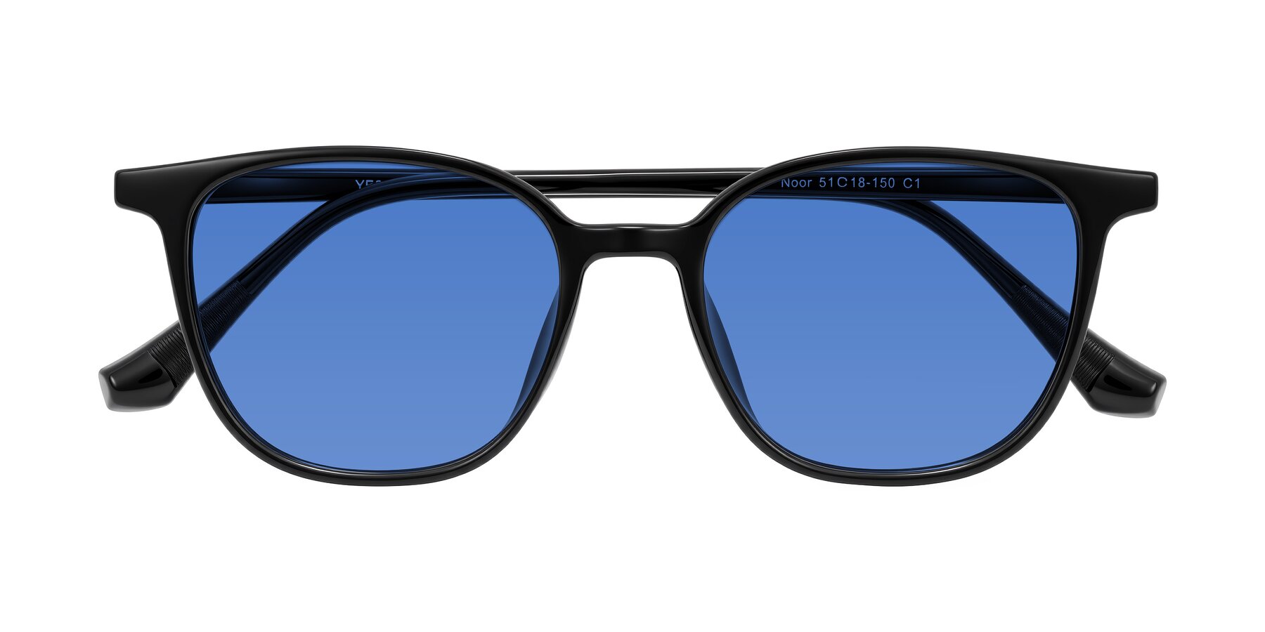 Folded Front of Noor in Black with Blue Tinted Lenses