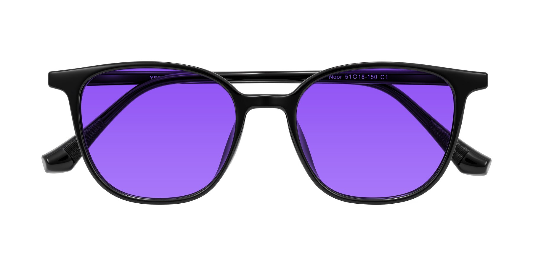 Folded Front of Noor in Black with Purple Tinted Lenses