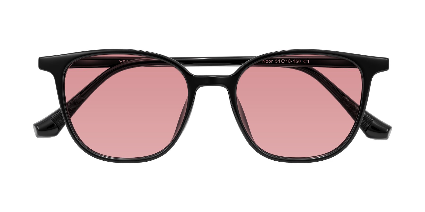 Folded Front of Noor in Black with Medium Garnet Tinted Lenses