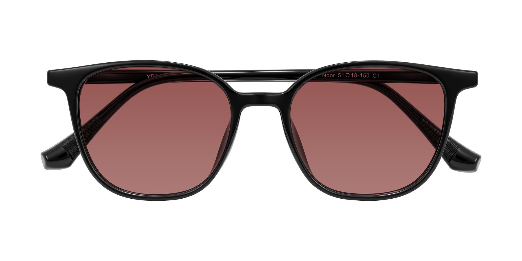 Folded Front of Noor in Black with Garnet Tinted Lenses
