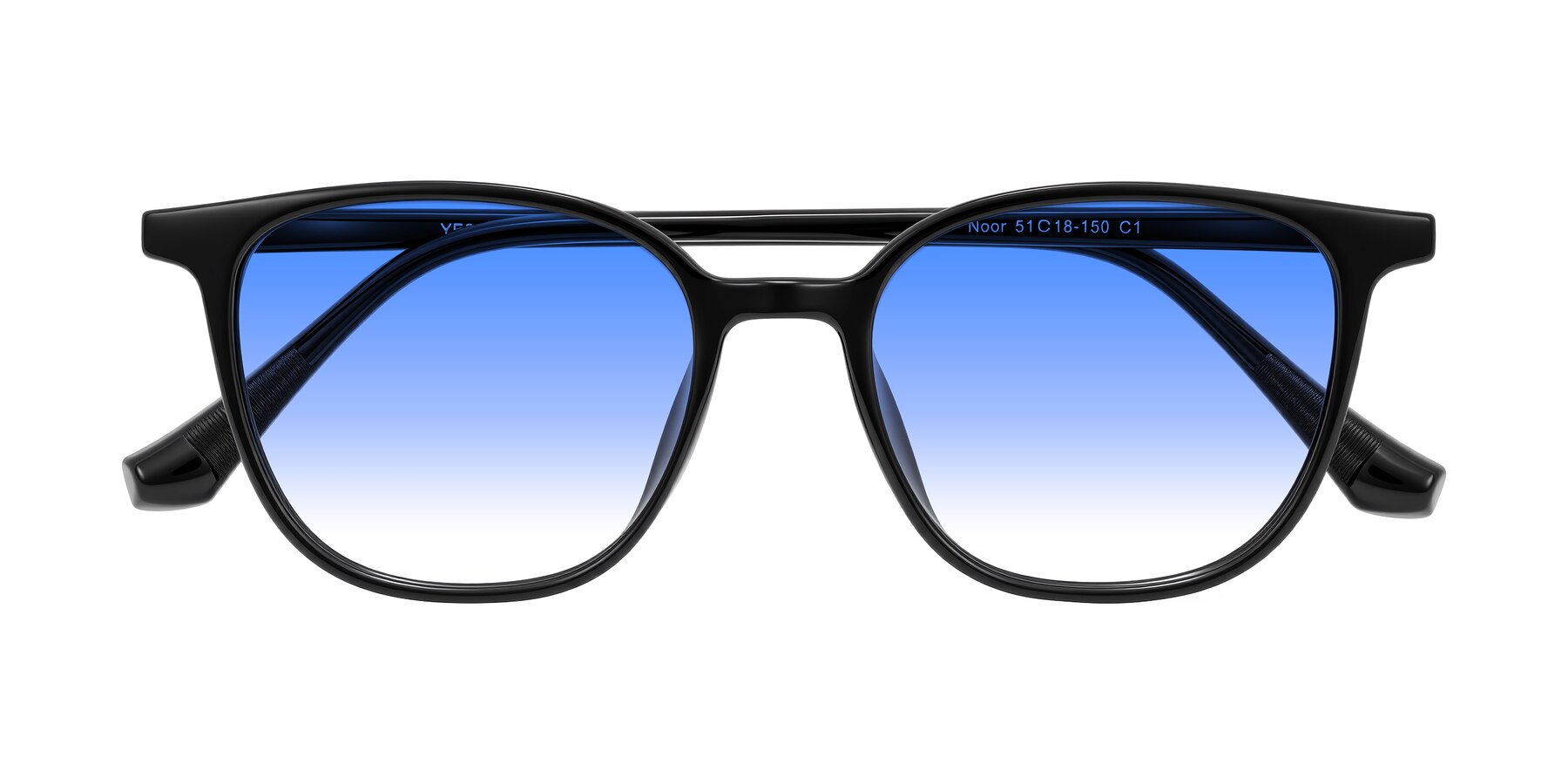 Folded Front of Noor in Black with Blue Gradient Lenses