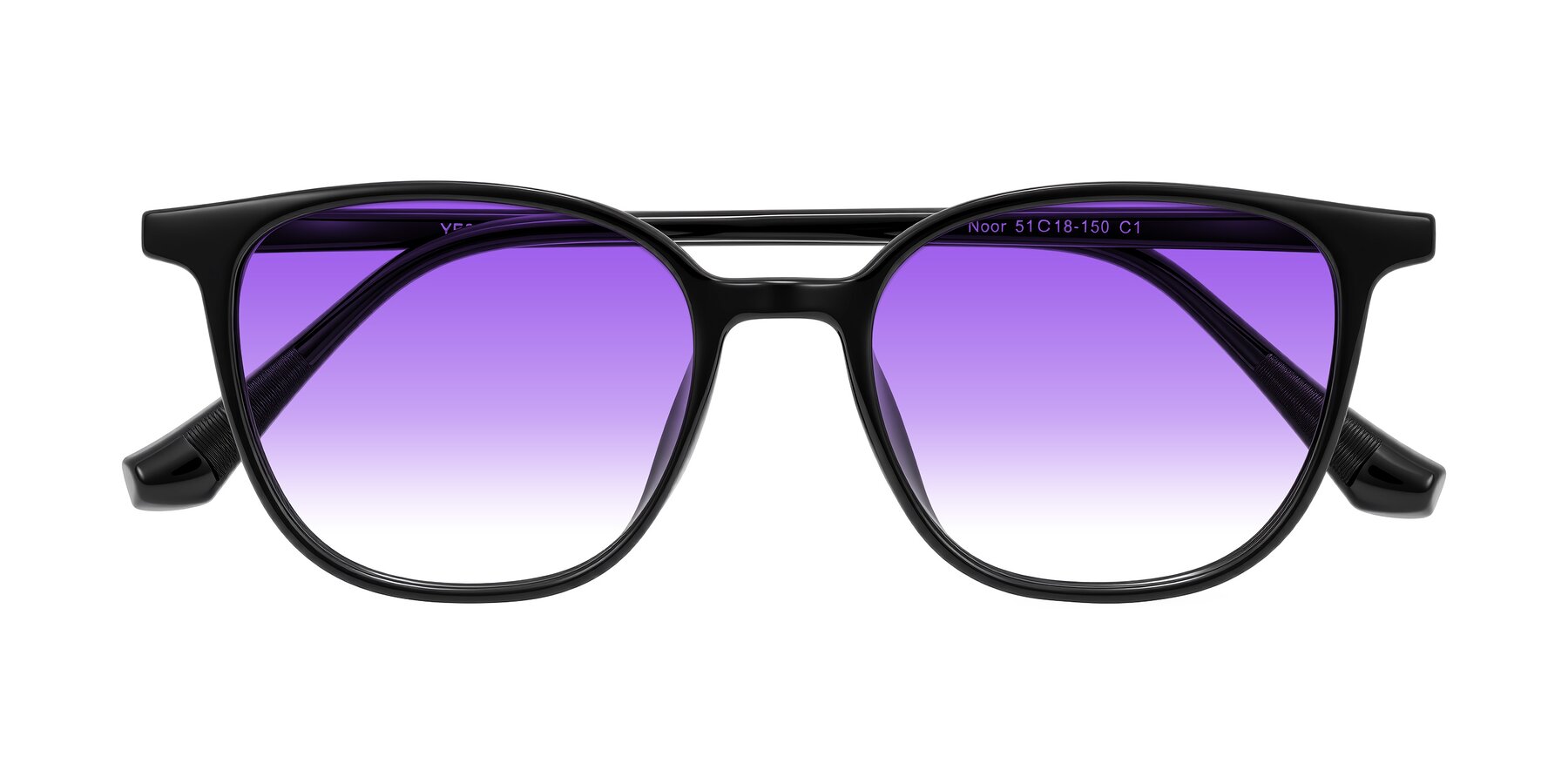 Folded Front of Noor in Black with Purple Gradient Lenses