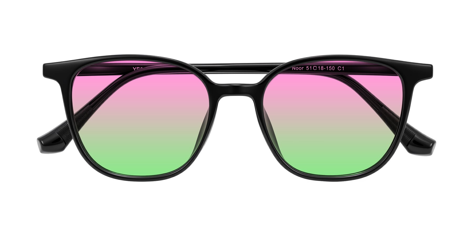 Folded Front of Noor in Black with Pink / Green Gradient Lenses