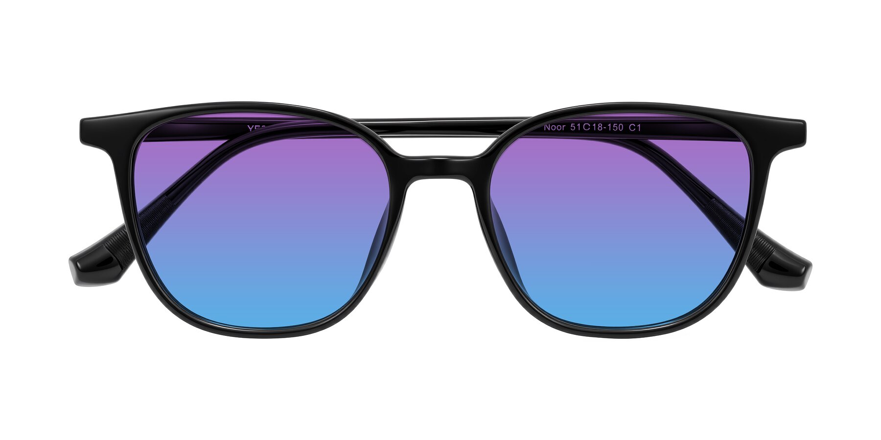 Folded Front of Noor in Black with Purple / Blue Gradient Lenses
