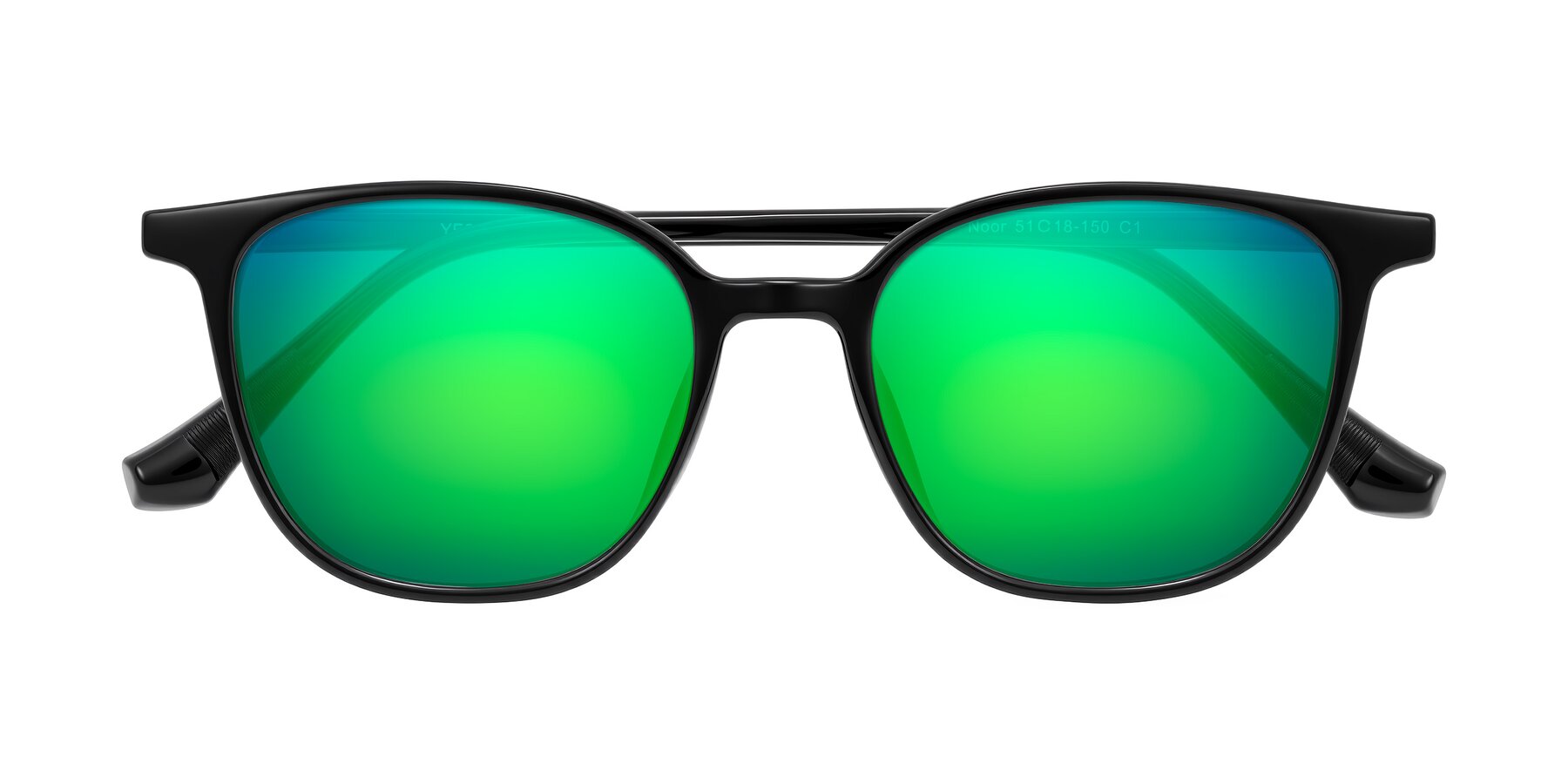 Folded Front of Noor in Black with Green Mirrored Lenses