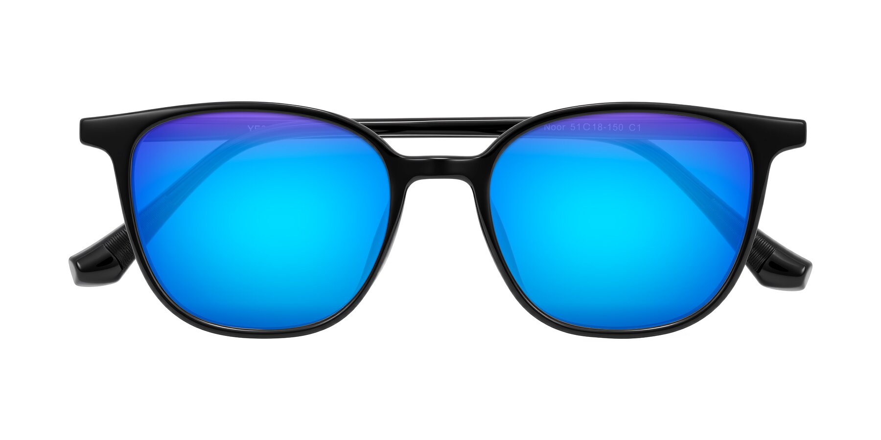 Folded Front of Noor in Black with Blue Mirrored Lenses