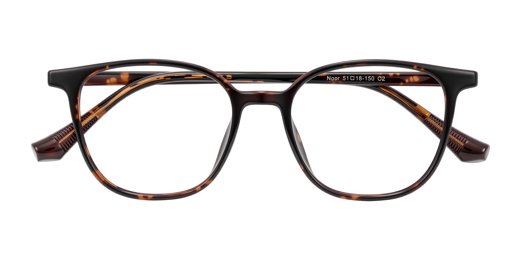 Folded Front of Noor in Tortoise with Clear Eyeglass Lenses