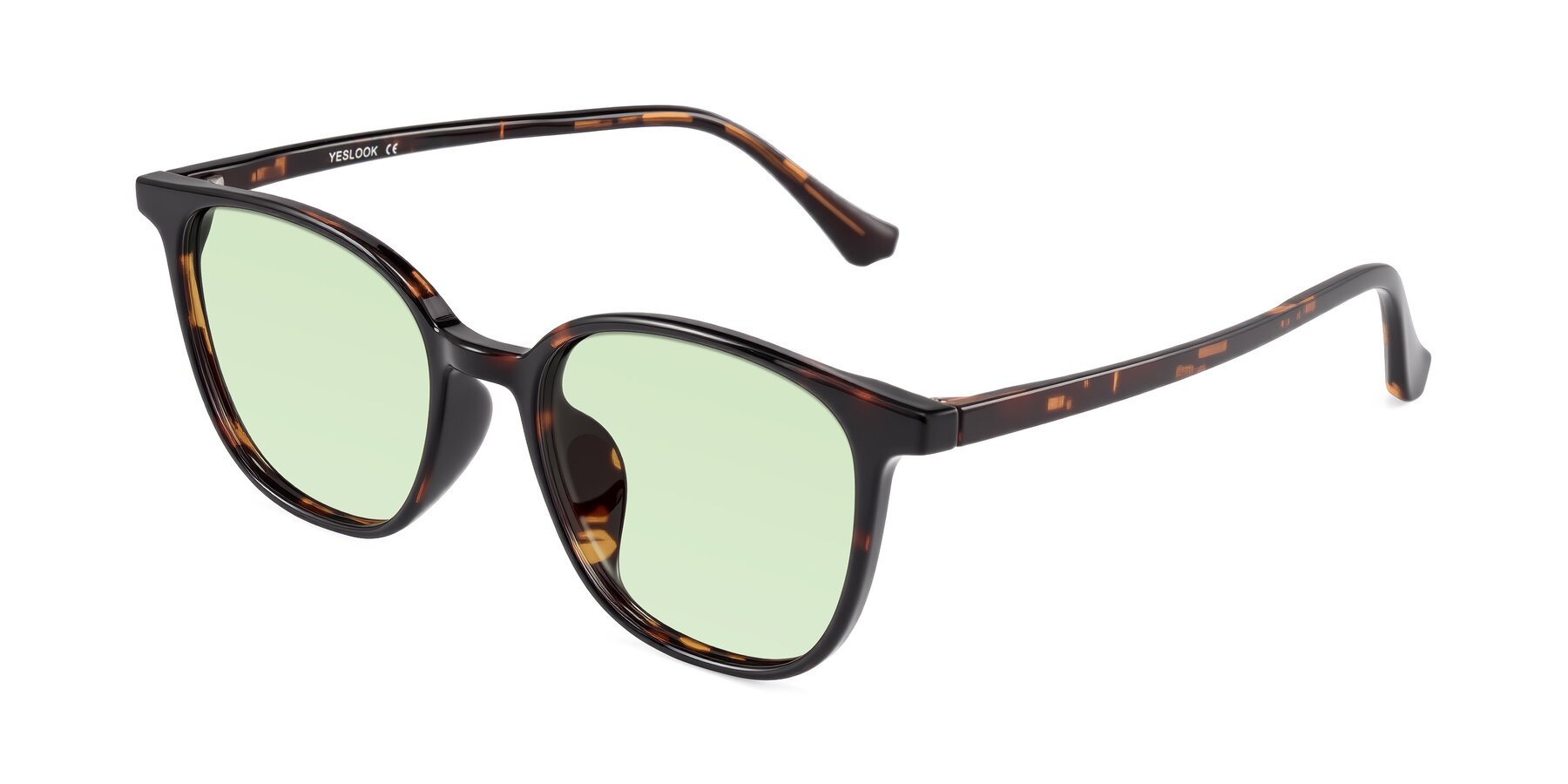 Angle of Noor in Tortoise with Light Green Tinted Lenses