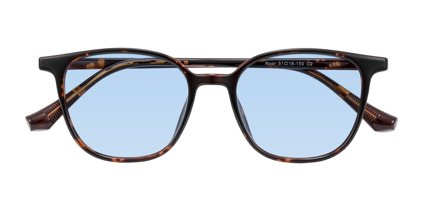Folded Front of Noor in Tortoise with Light Blue Tinted Lenses
