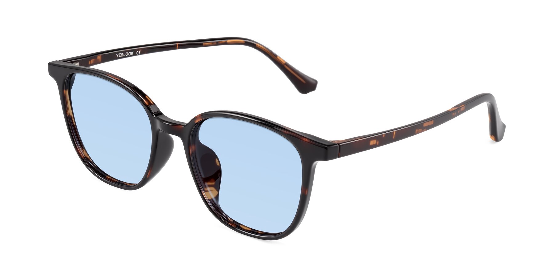 Angle of Noor in Tortoise with Light Blue Tinted Lenses
