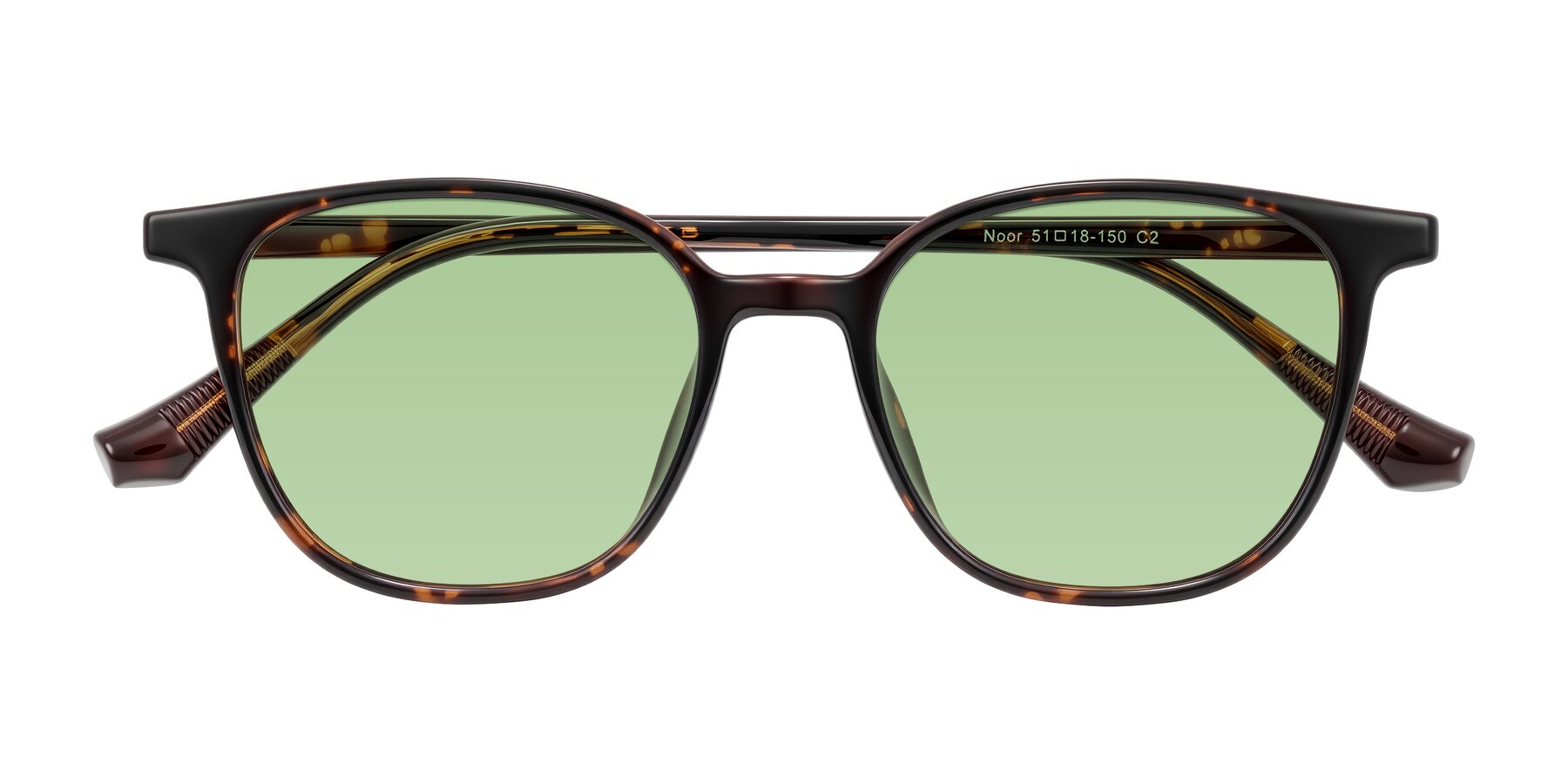 Folded Front of Noor in Tortoise with Medium Green Tinted Lenses
