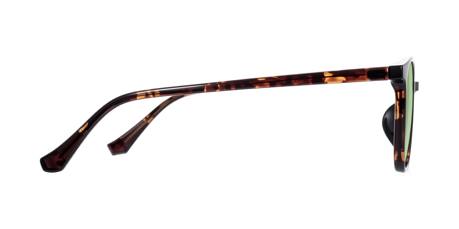 Side of Noor in Tortoise with Medium Green Tinted Lenses