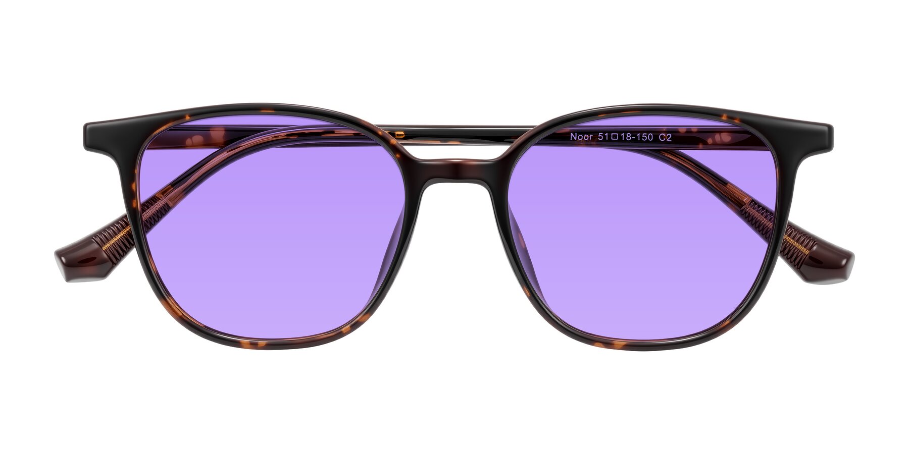 Folded Front of Noor in Tortoise with Medium Purple Tinted Lenses