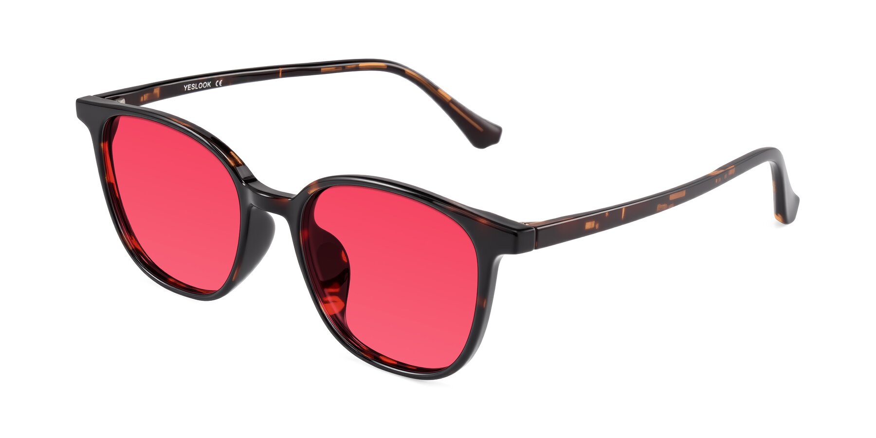 Angle of Noor in Tortoise with Red Tinted Lenses