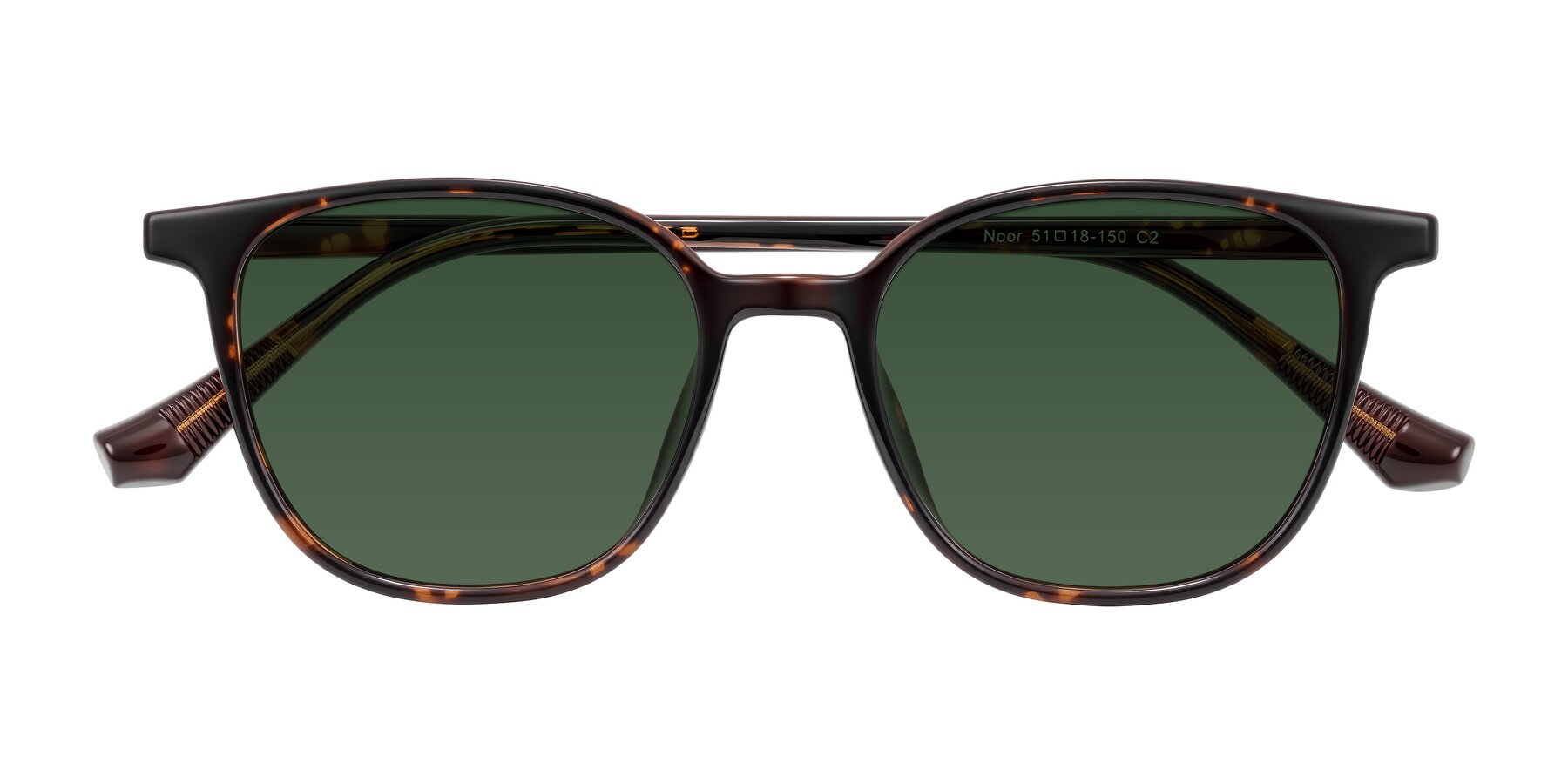 Folded Front of Noor in Tortoise with Green Tinted Lenses