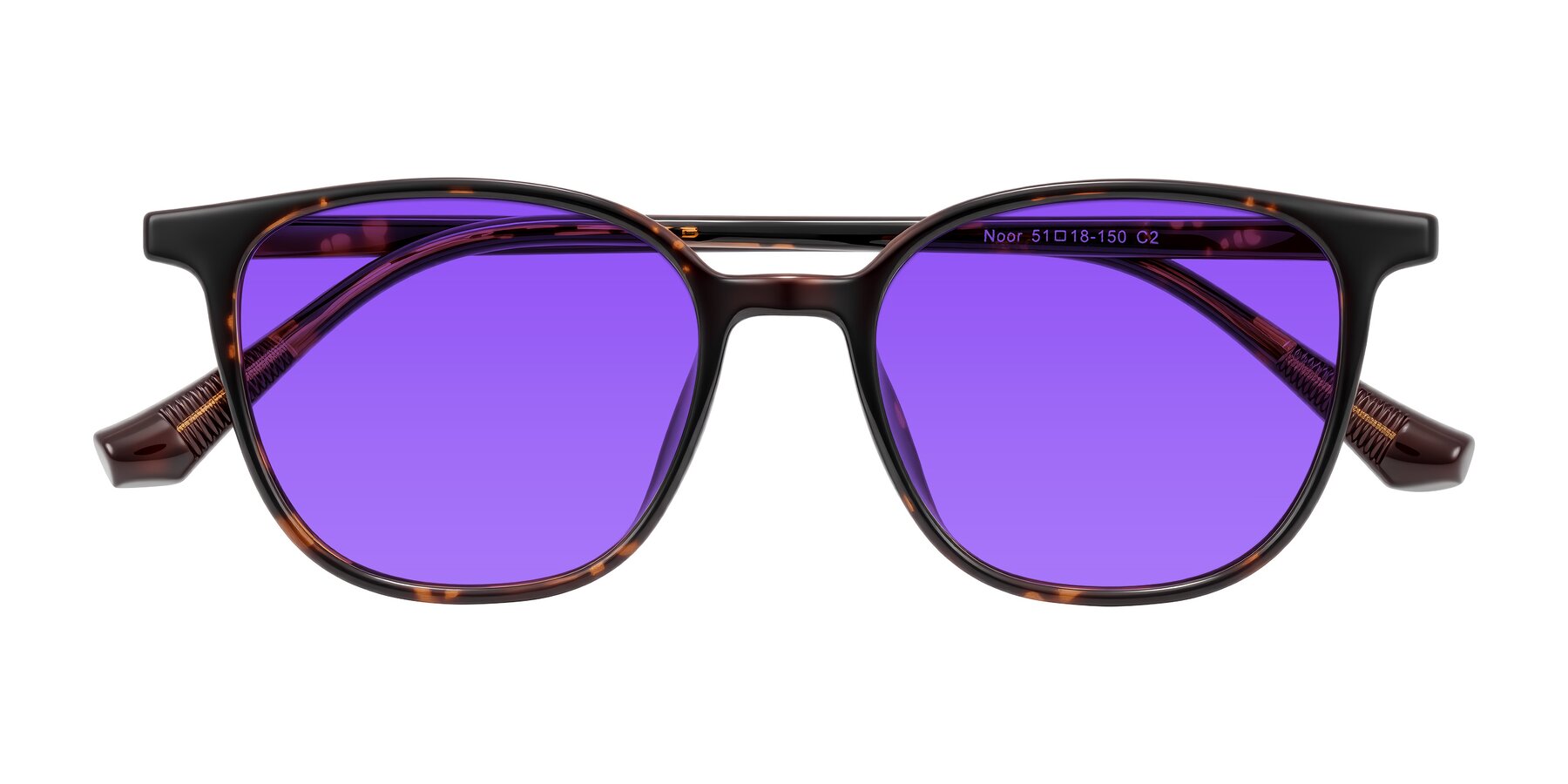 Folded Front of Noor in Tortoise with Purple Tinted Lenses