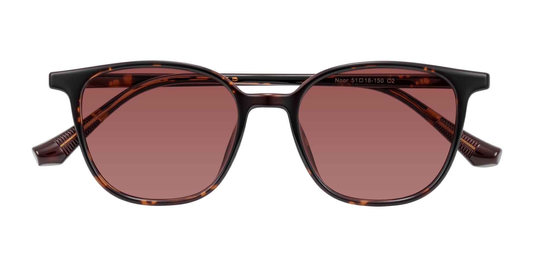 Folded Front of Noor in Tortoise with Garnet Tinted Lenses
