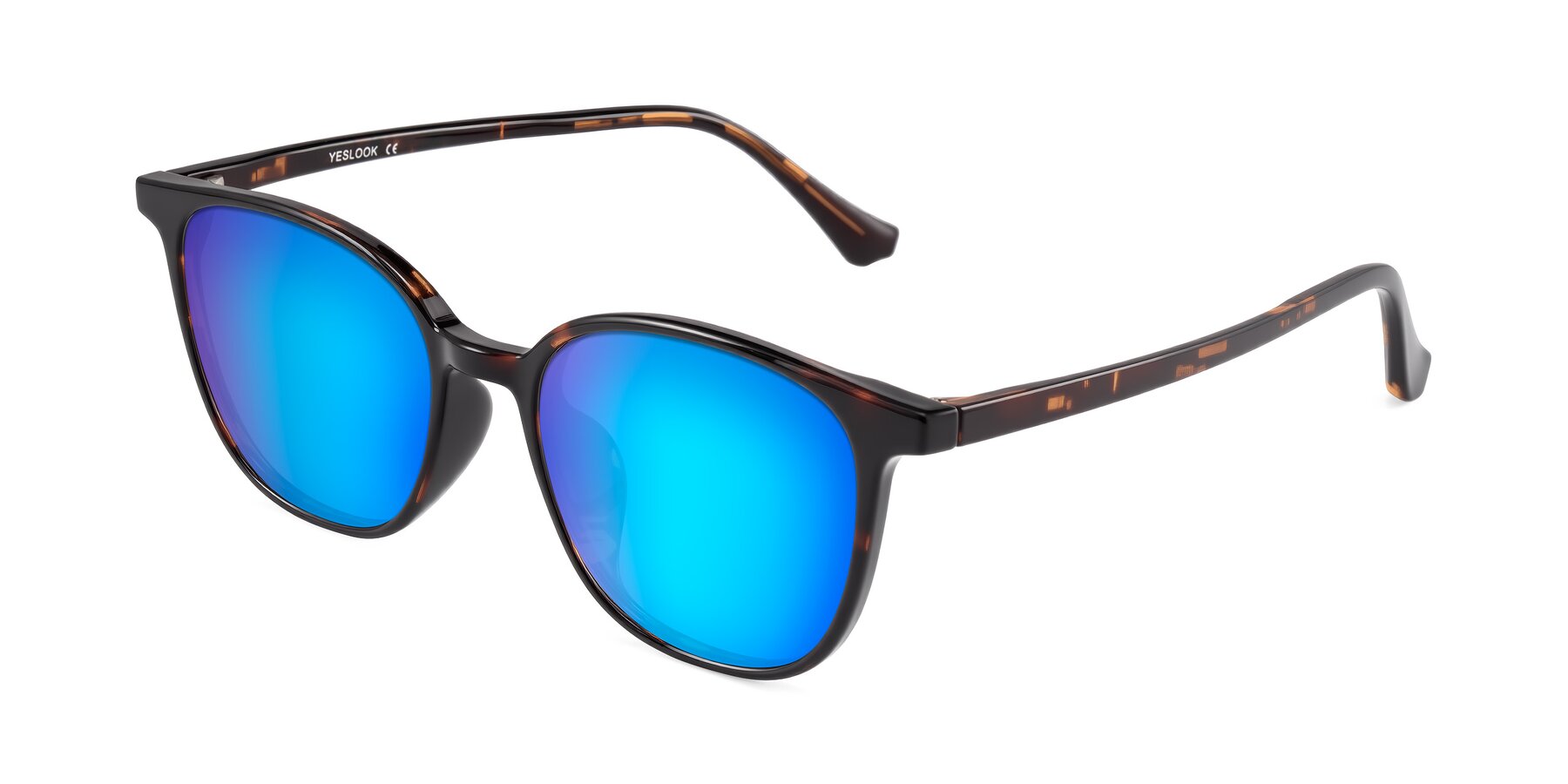 Angle of Noor in Tortoise with Blue Mirrored Lenses