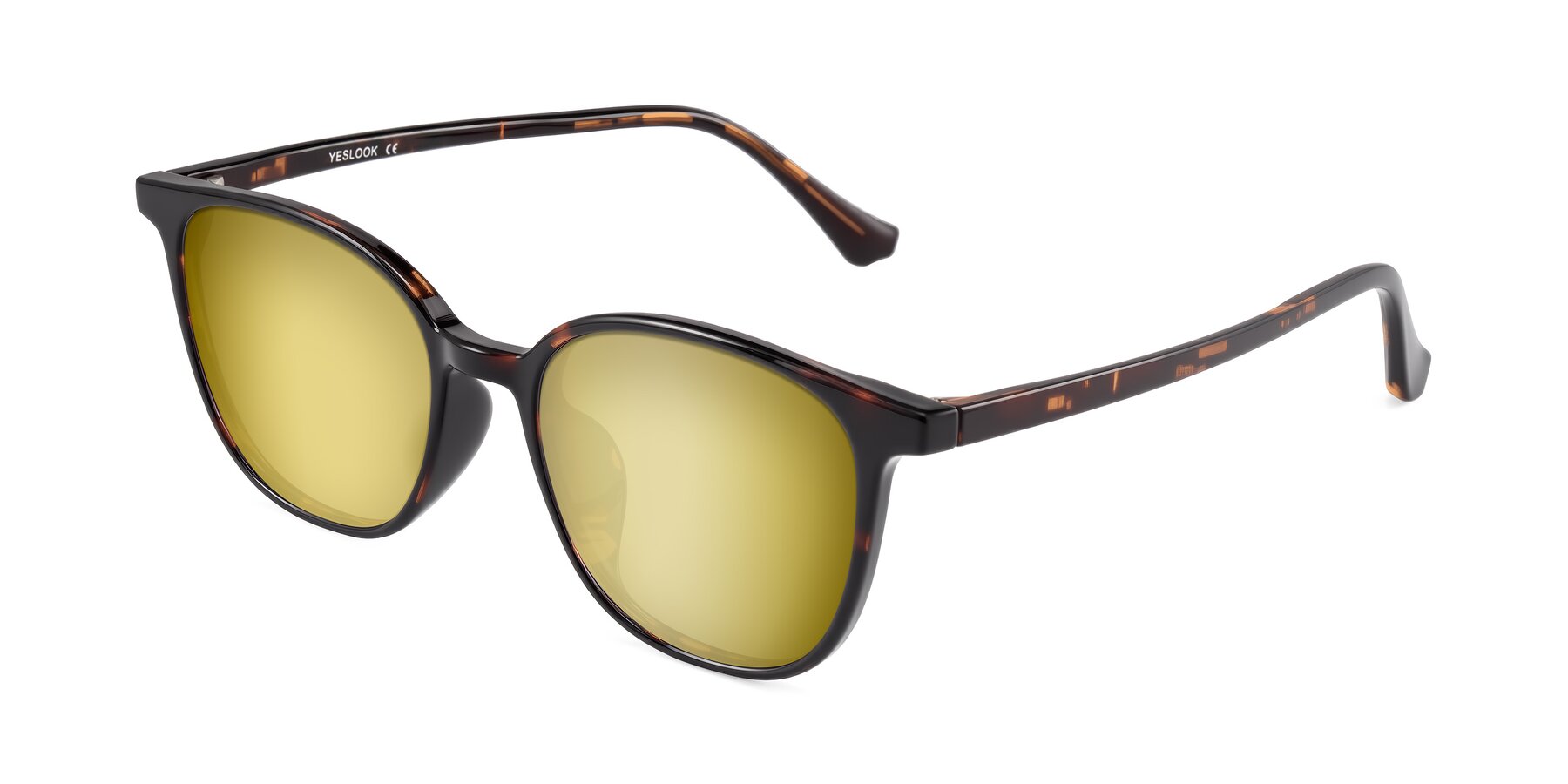 Angle of Noor in Tortoise with Gold Mirrored Lenses