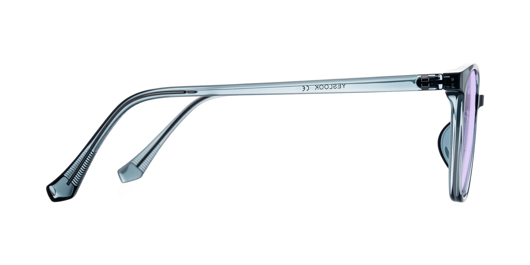 Side of Noor in Transparent Blue with Light Purple Tinted Lenses