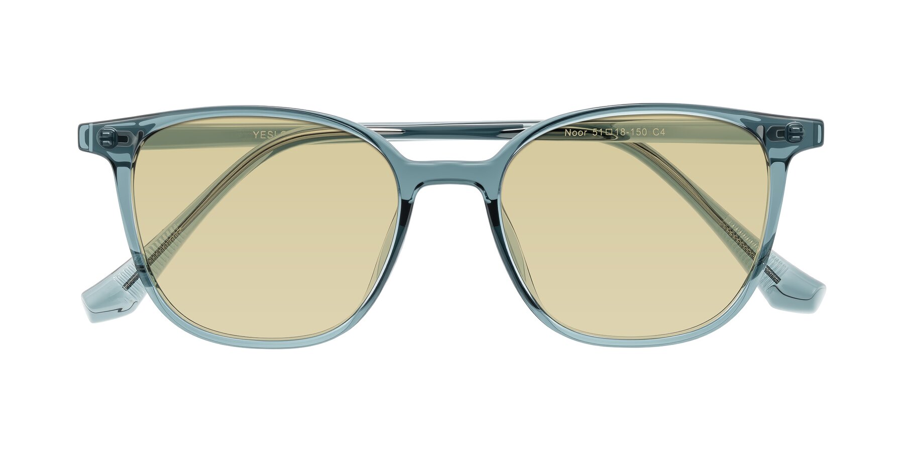 Folded Front of Noor in Transparent Blue with Light Champagne Tinted Lenses
