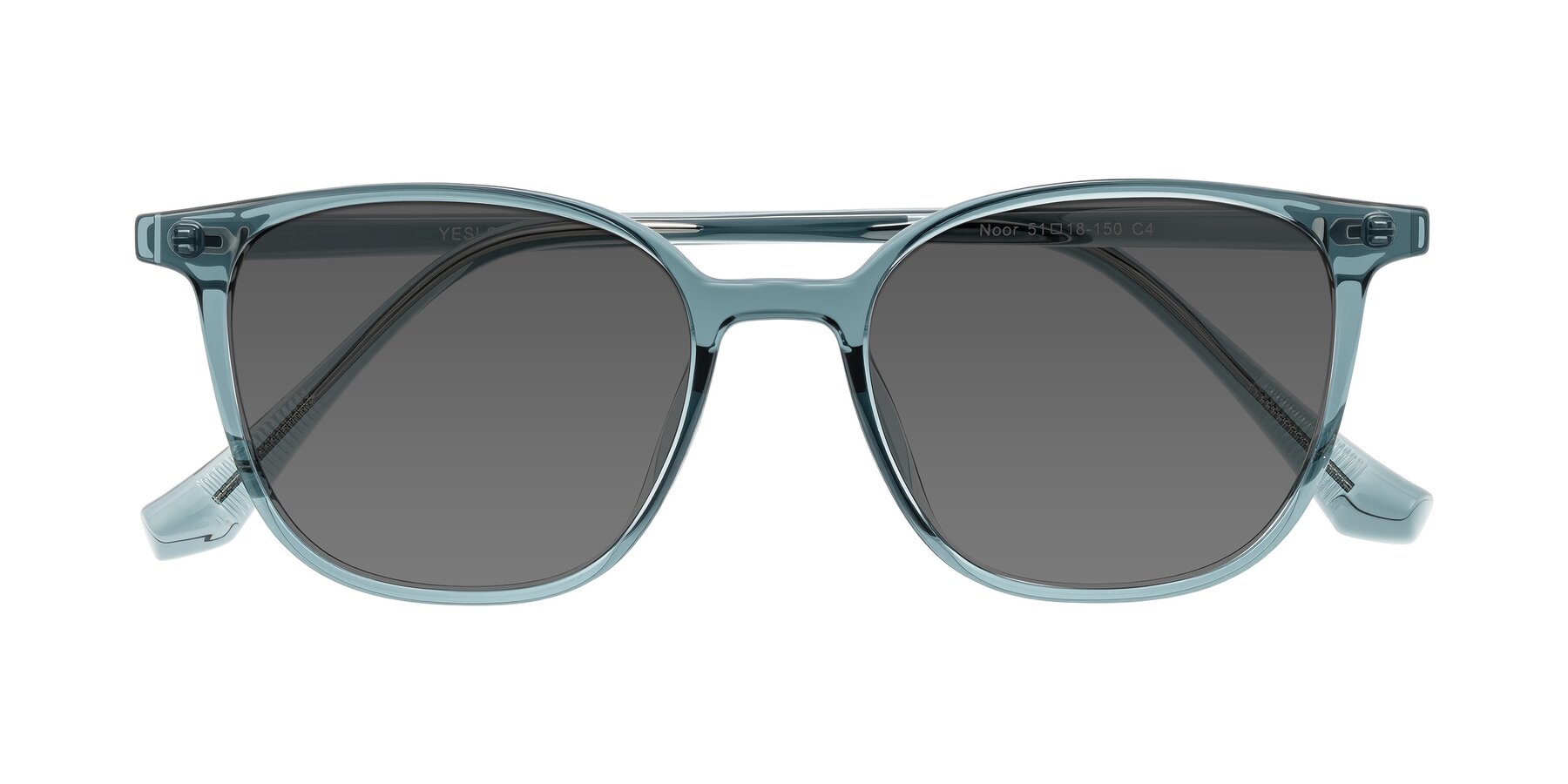 Folded Front of Noor in Transparent Blue with Medium Gray Tinted Lenses