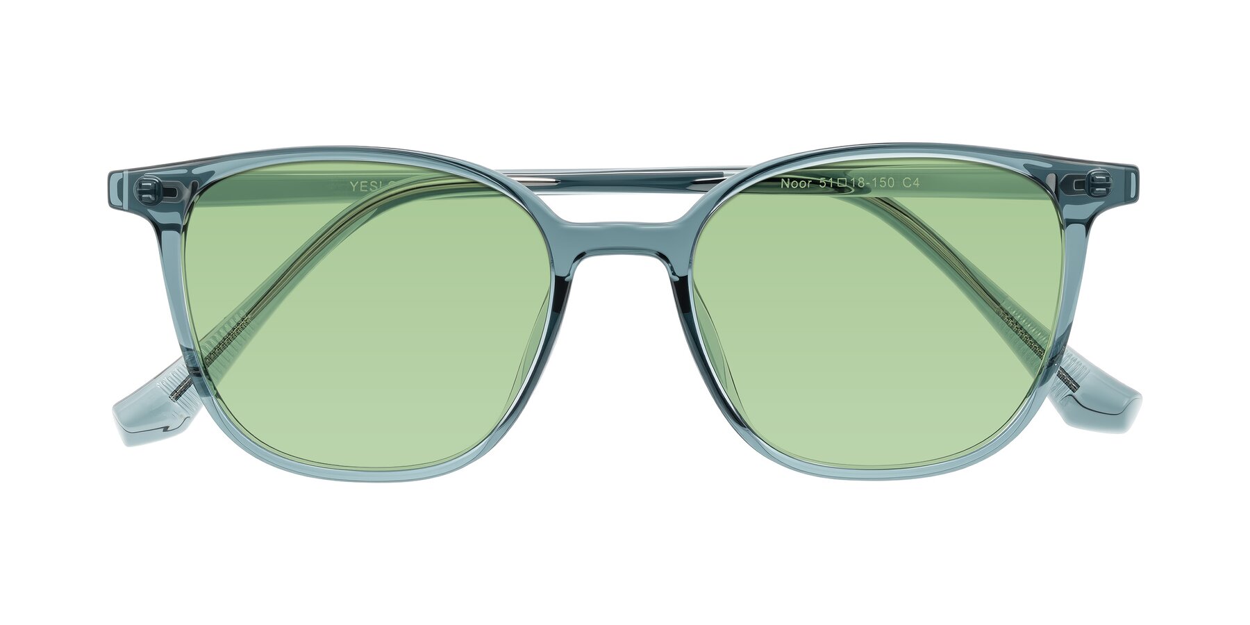 Folded Front of Noor in Transparent Blue with Medium Green Tinted Lenses