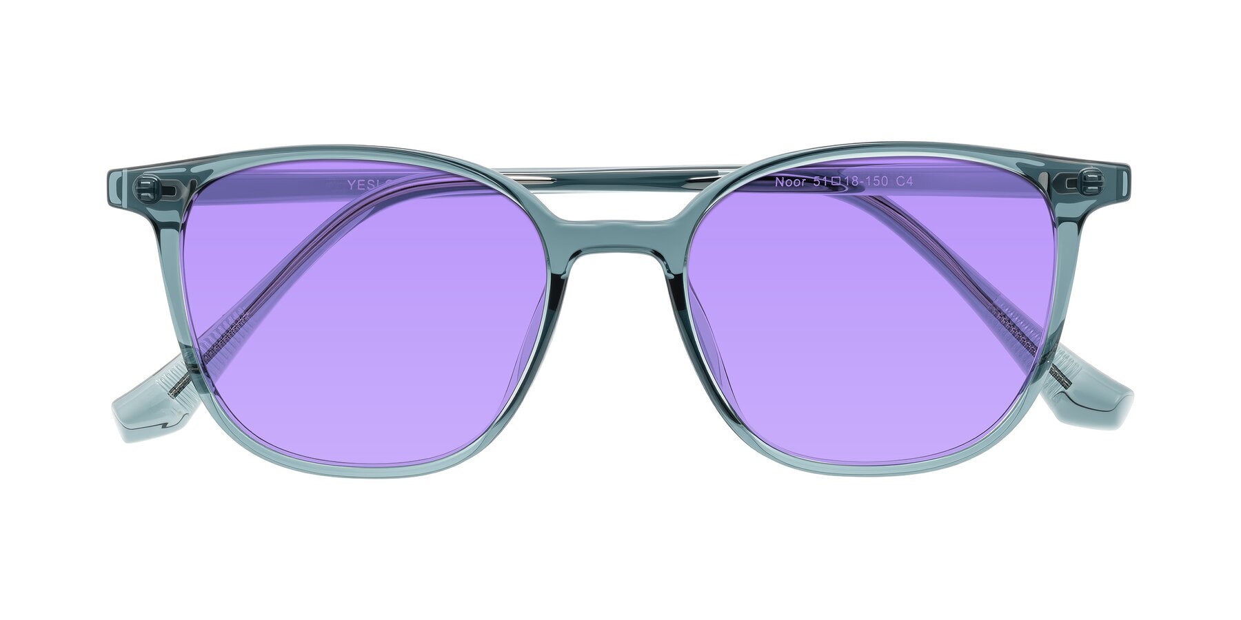 Folded Front of Noor in Transparent Blue with Medium Purple Tinted Lenses