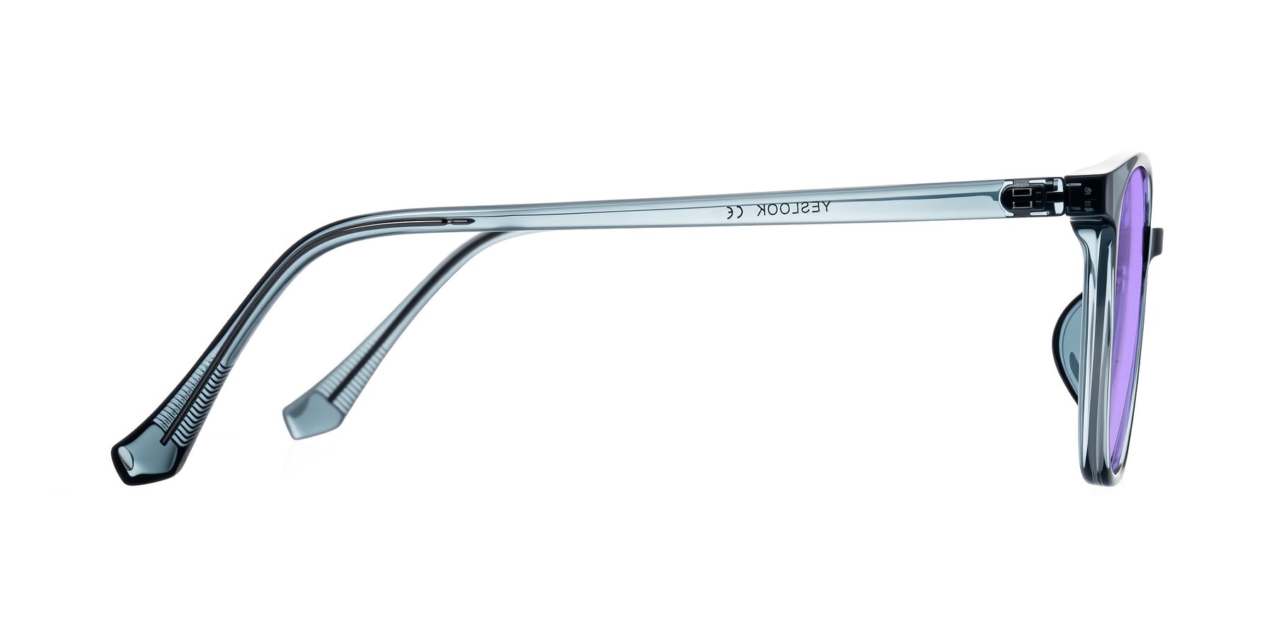 Side of Noor in Transparent Blue with Medium Purple Tinted Lenses