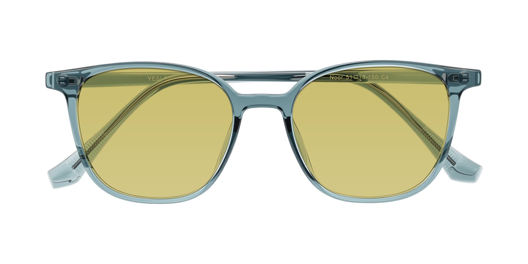 Folded Front of Noor in Transparent Blue with Medium Champagne Tinted Lenses
