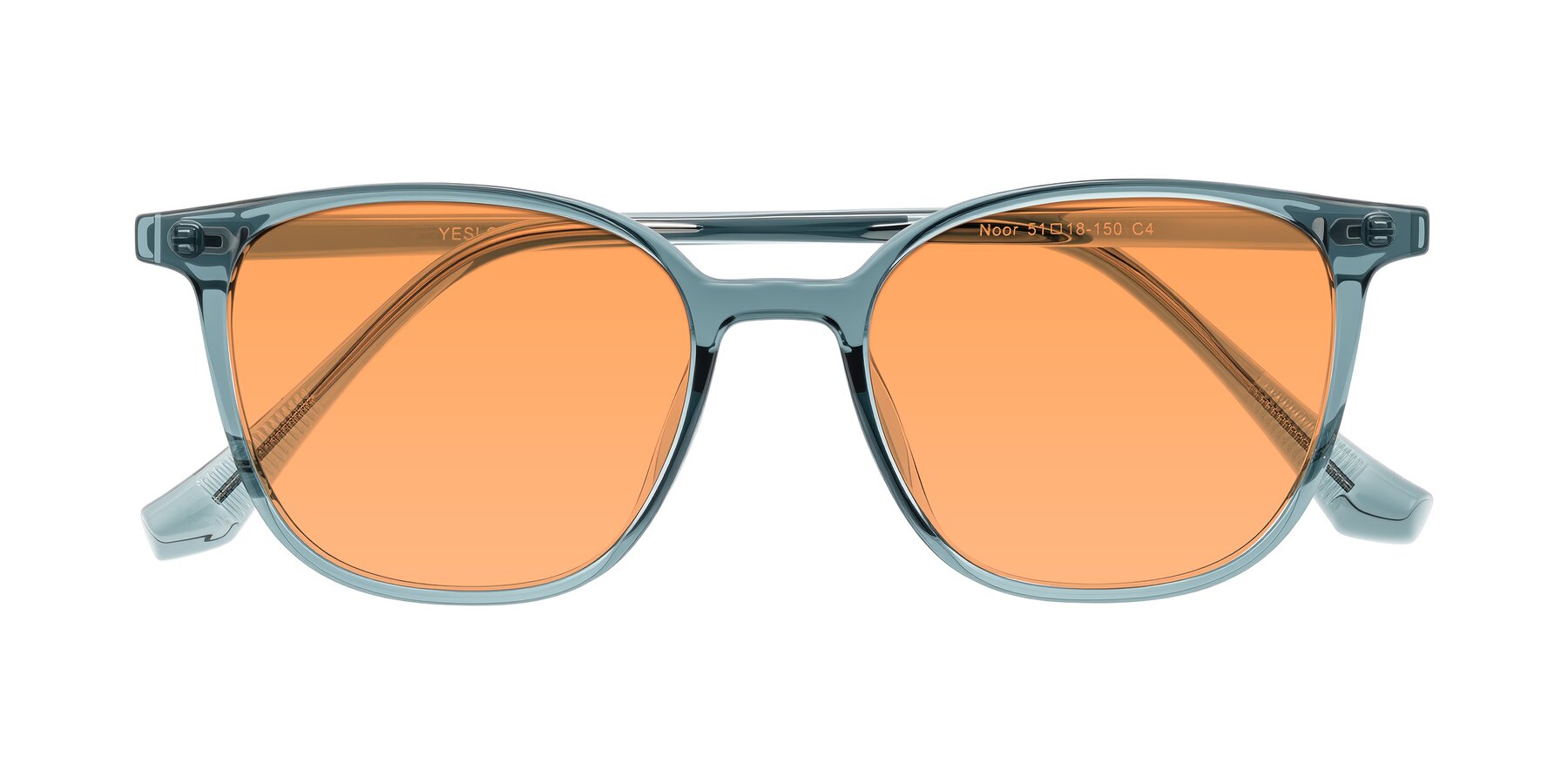 Folded Front of Noor in Transparent Blue with Medium Orange Tinted Lenses