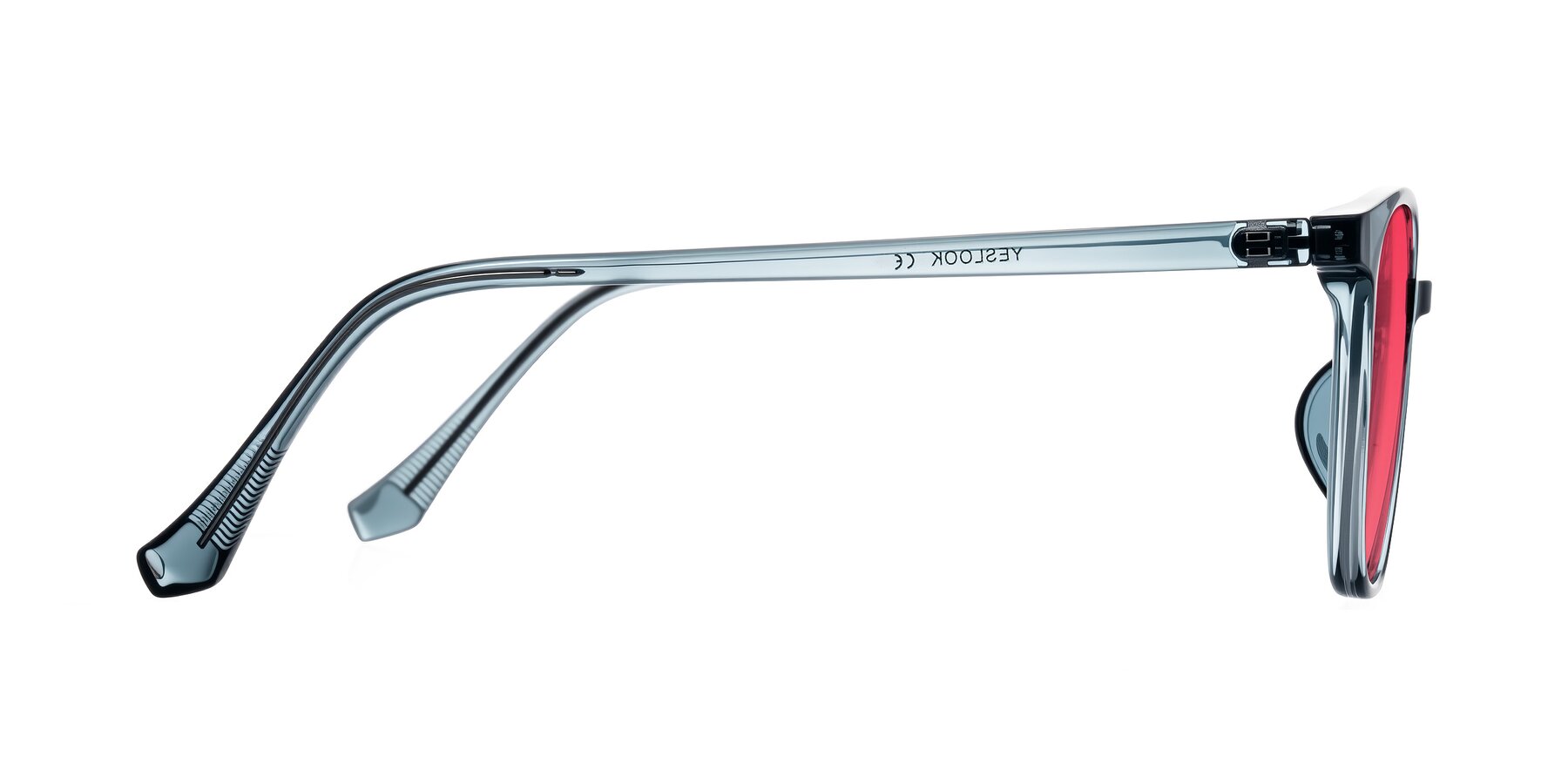 Side of Noor in Transparent Blue with Red Tinted Lenses