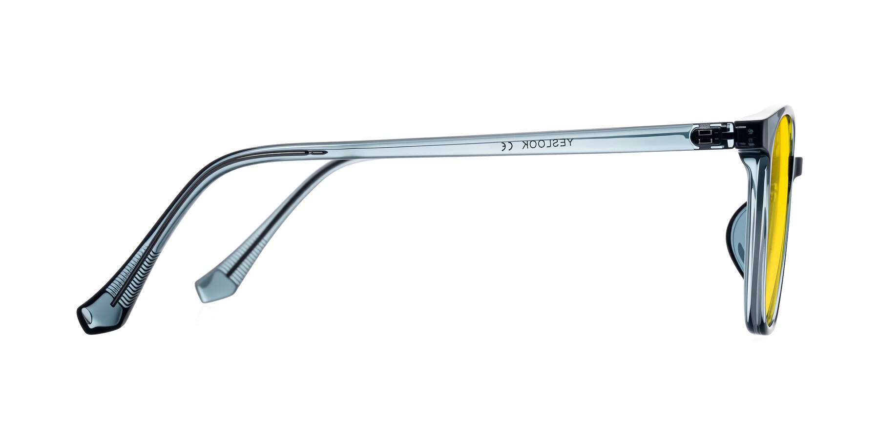 Side of Noor in Transparent Blue with Yellow Tinted Lenses