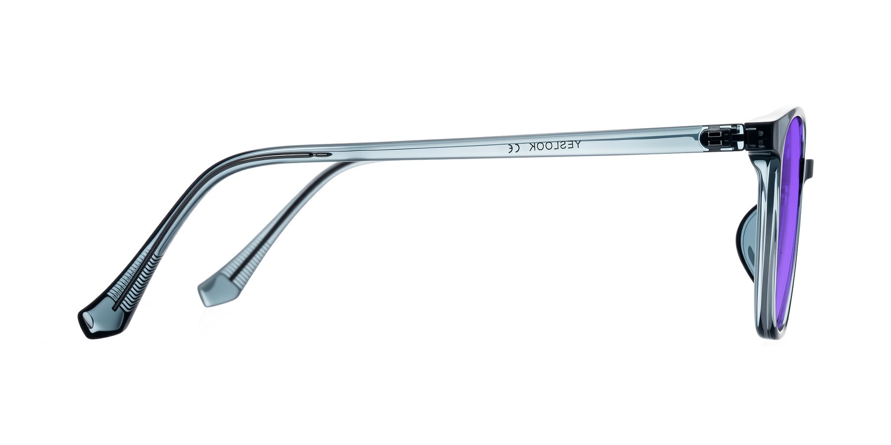 Side of Noor in Transparent Blue with Purple Tinted Lenses