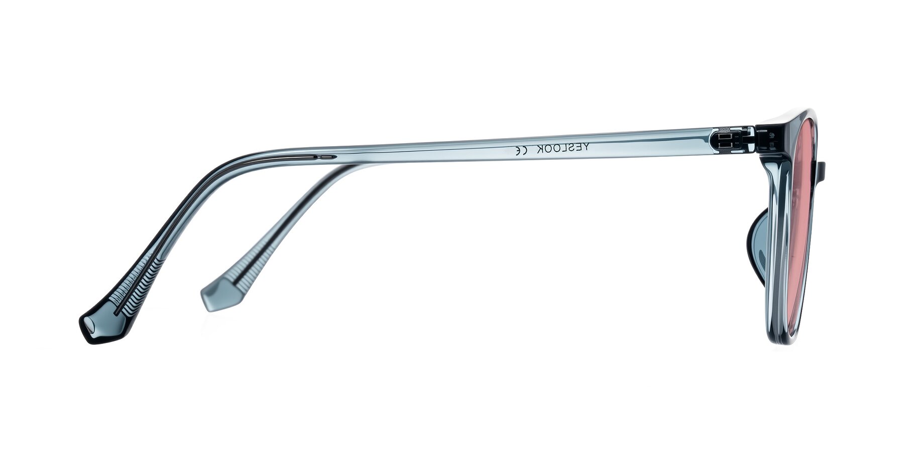 Side of Noor in Transparent Blue with Medium Garnet Tinted Lenses