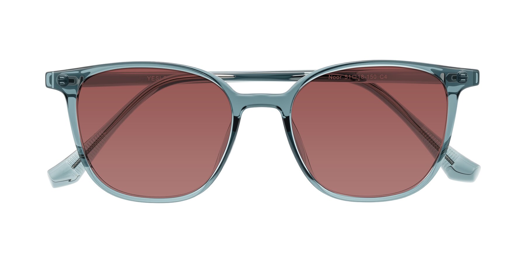 Folded Front of Noor in Transparent Blue with Garnet Tinted Lenses