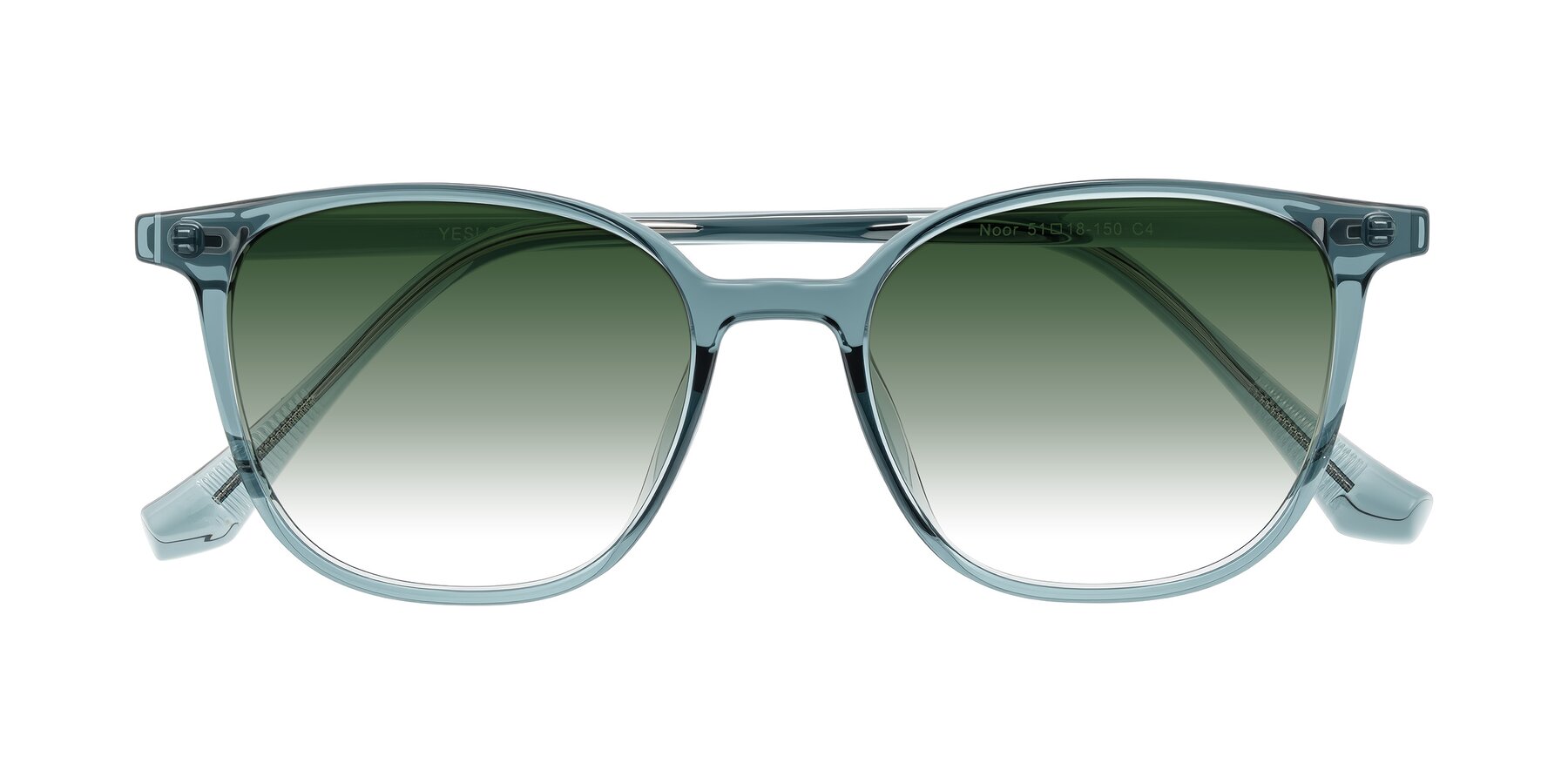 Folded Front of Noor in Transparent Blue with Green Gradient Lenses