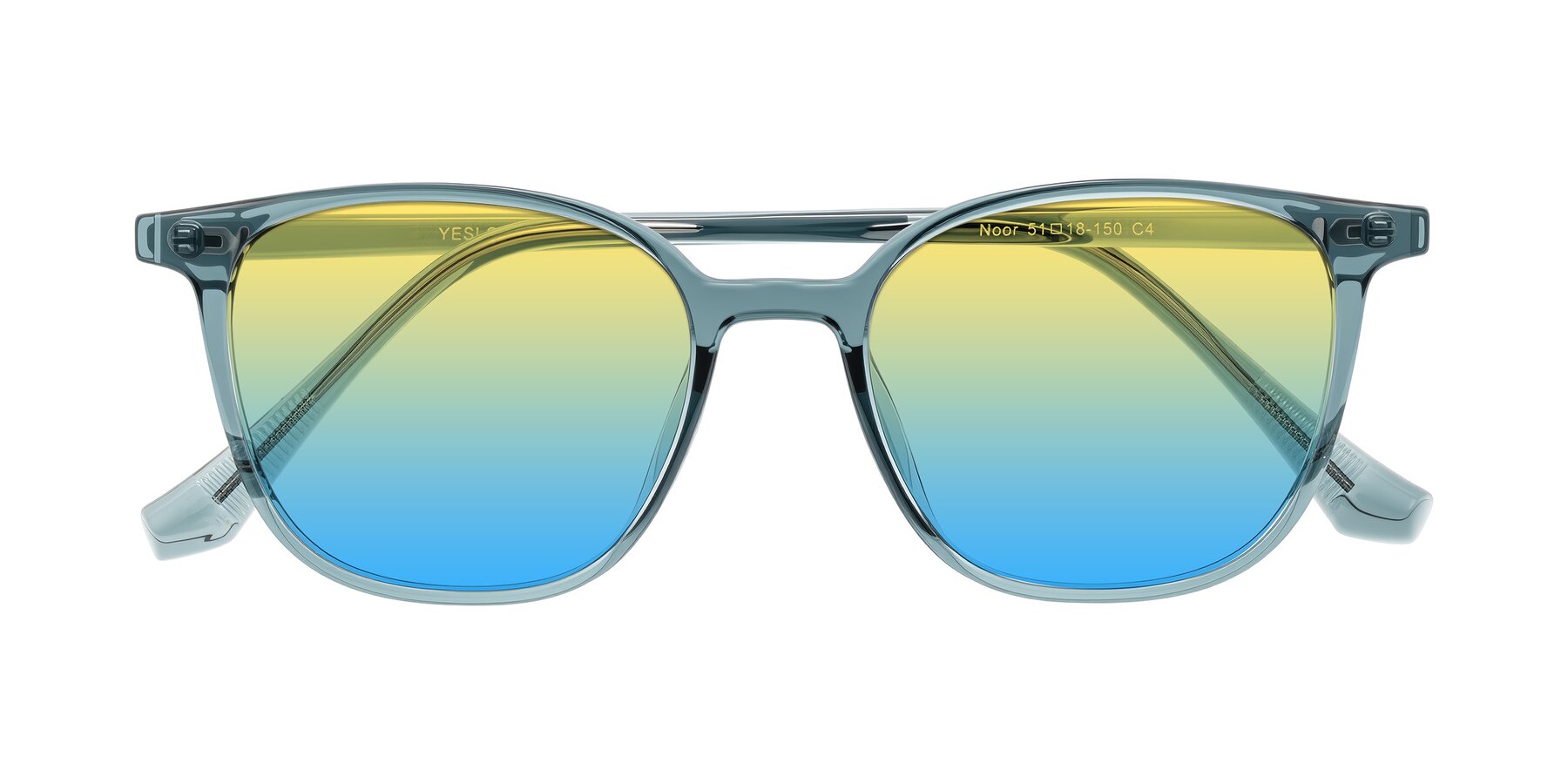 Folded Front of Noor in Transparent Blue with Yellow / Blue Gradient Lenses